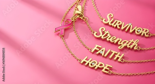 Gold Bracelets with Hope, Faith, Strength, Survivor on Pink Background