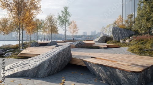 Tranquil Urban Park with Natural Elements and Scenic Water View