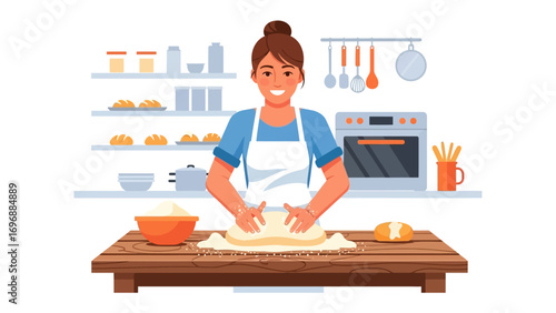 The Art of Baking: A cheerful woman, adorned in an apron, finds joy in the act of baking bread, skillfully kneading dough on a rustic wooden surface, creating culinary artistry.
