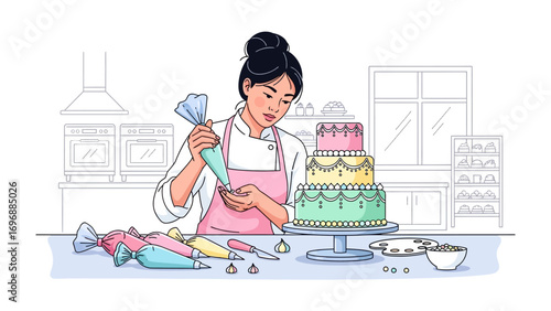 Pastry chef crafting Cake : An artistic rendering of a focused chef meticulously decorating a multi-tiered cake, embodying the skill, attention, and dedication involved in the art of confectionery.