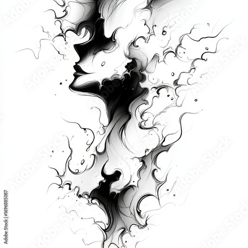 Abstract woman's profile illustration, black and white, beauty, mystery, or swirling emotion art with copy space