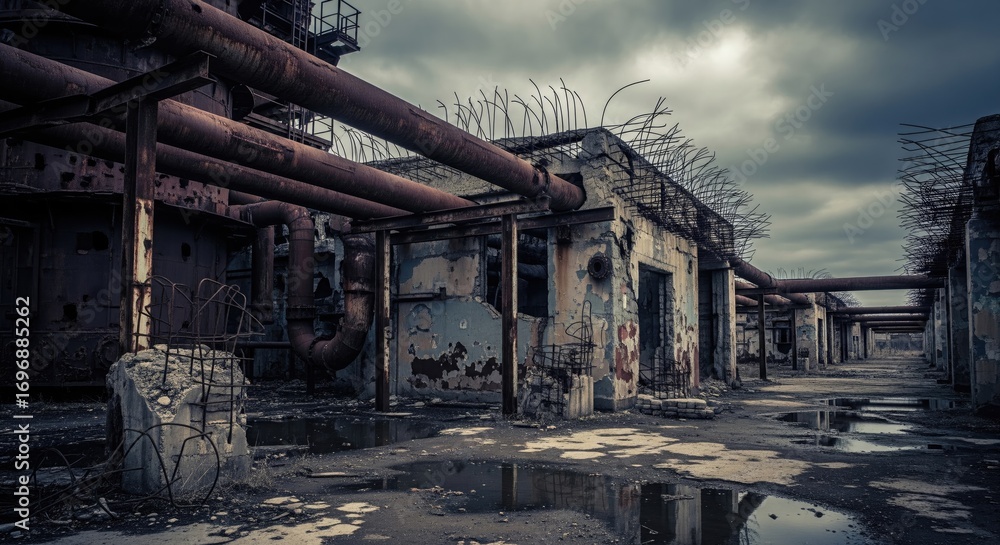 Fototapeta premium Abandoned industrial site under a stormy sky