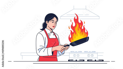 Culinary Crisis: A determined chef tackles a kitchen fire with focus and resolve, amidst the chaos of a culinary mishap, showcasing quick thinking and skillful control. 