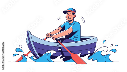 Struggling Sailor in Rough Waters: A determined sailor navigates a small rowboat through tumultuous waves, capturing a moment of intense struggle, perseverance and raw emotion.