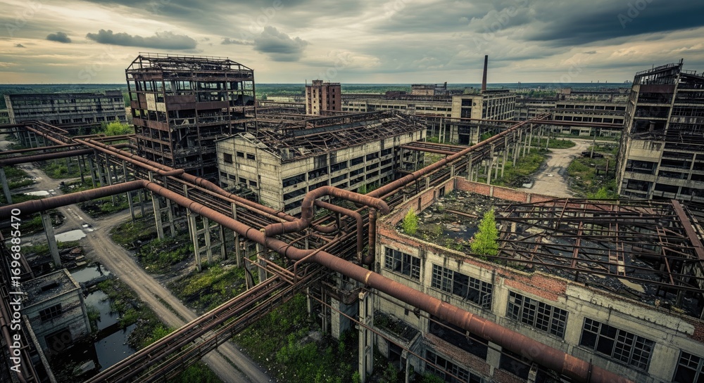 Fototapeta premium Abandoned industrial complex under a cloudy sky