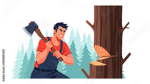 Lumberjack's Determination: A muscular lumberjack fearlessly wields an axe, locked in focus as he fells a towering tree in a vibrant illustration that embodies strength, skill, and determination.
