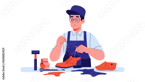 Shoemaker at Work: An illustrated shoemaker meticulously crafts a leather shoe, showcasing the skilled artisan's dedication to the craft.