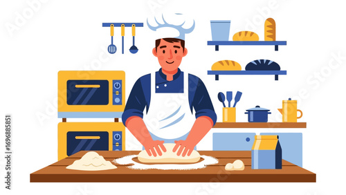 Artisan at Work: An illustration depicting a skilled baker kneading dough in a professional kitchen, preparing for baking with various tools in the background.