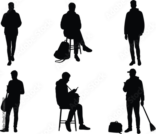 Human silhouettes, casual poses, everyday activities, standing, sitting, backpack, phone, bat, bag, posture, behavior, lifestyle, motion, urban, youth, relaxed, isolated