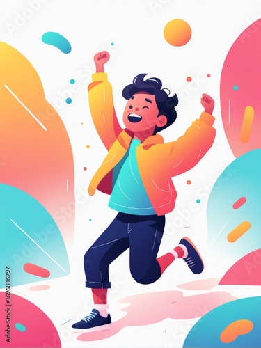 A joyful child in dynamic pose amidst a burst of colorful shapes and dots