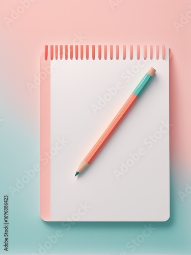 A minimalist still life of a notebook and pencil set against pastel backgrounds