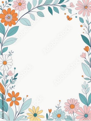 A whimsical floral illustration featuring a variety of colorful flowers with green leaves and decorative elements on the border