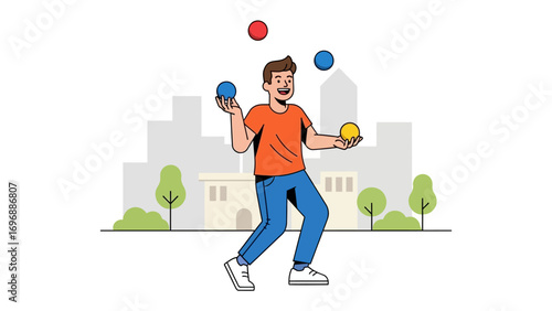 Dynamic Dexterity: A young man showcasing his impressive juggling skills with colorful spheres against an urban backdrop. This illustration evokes feelings of entertainment and skill.