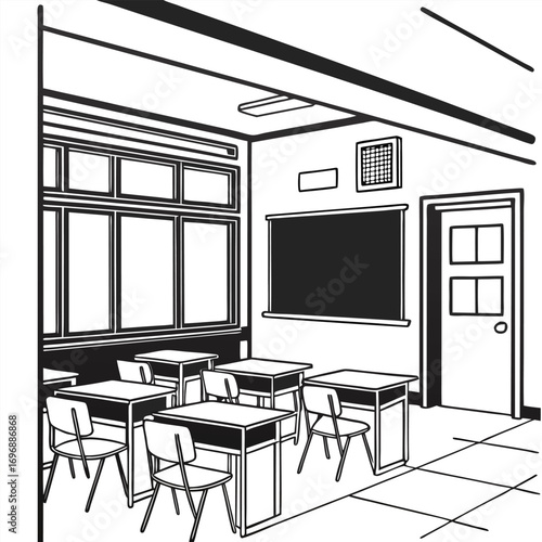 School classroom with desks, blackboard, windows, and door education learning