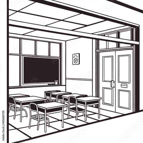School classroom with desks, chairs, and double doors in isometric perspective education interior