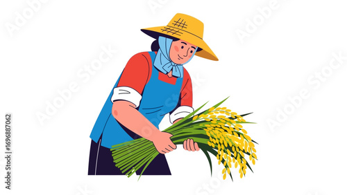 Harvest's Embrace: A solitary figure stands in the field, lovingly cradling a fresh bundle of ripened wheat. This scene evokes feelings of tradition, agriculture, and sustenance.