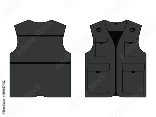 Black Fishing Vest Vector Template. Front and Back View, Utility Vest Vector Illustration. Dark Outdoor Gear Design