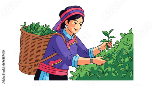 Harvest of Tea: An illustration of a female figure, clad in traditional attire, delicately picking fresh tea leaves from the vibrant green bushes, capturing the essence of nature.