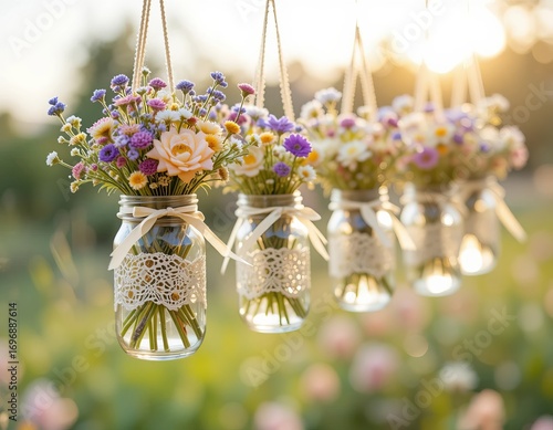 Four glass mason jars hanging from twine, each filled with a colorful arrangement of wildflowers, tied with lace ribbons. The soft sunlight creates a warm glow, enhancing the vibrant colors of the flo