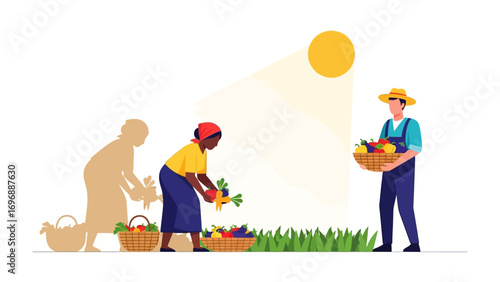 Harvest Season Bounty: A vibrant illustration captures the essence of harvest time, with a diverse group of farmers meticulously gathering fresh produce under the warm embrace of sunlight.