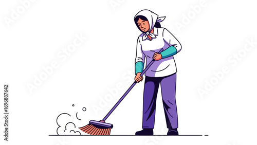 Woman Sweeping: A woman diligently sweeps, her focused effort bringing order and cleanliness. An illustration capturing everyday tasks, emphasizing the significance of domestic duties.