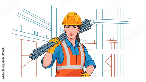 Construction Worker Strength: A determined construction worker, clad in essential safety gear, confidently carries steel reinforcement rods, showcasing their commitment in a graphic illustration