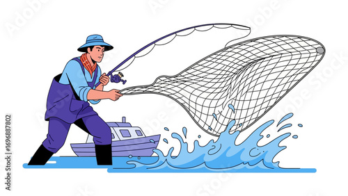The Fisher's Haul: An illustration shows a fisherman casting his net out, capturing the thrill of fishing life and water.