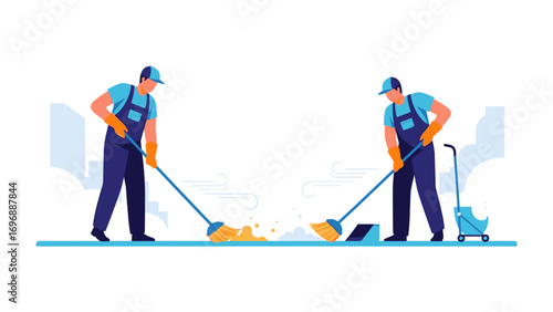 City Cleaners at Work: A vibrant illustration captures two dedicated city cleaners diligently sweeping away debris, ensuring a clean and pristine environment for all.
