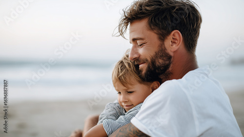 Loving father hugs his young son on the beach - family bonding .