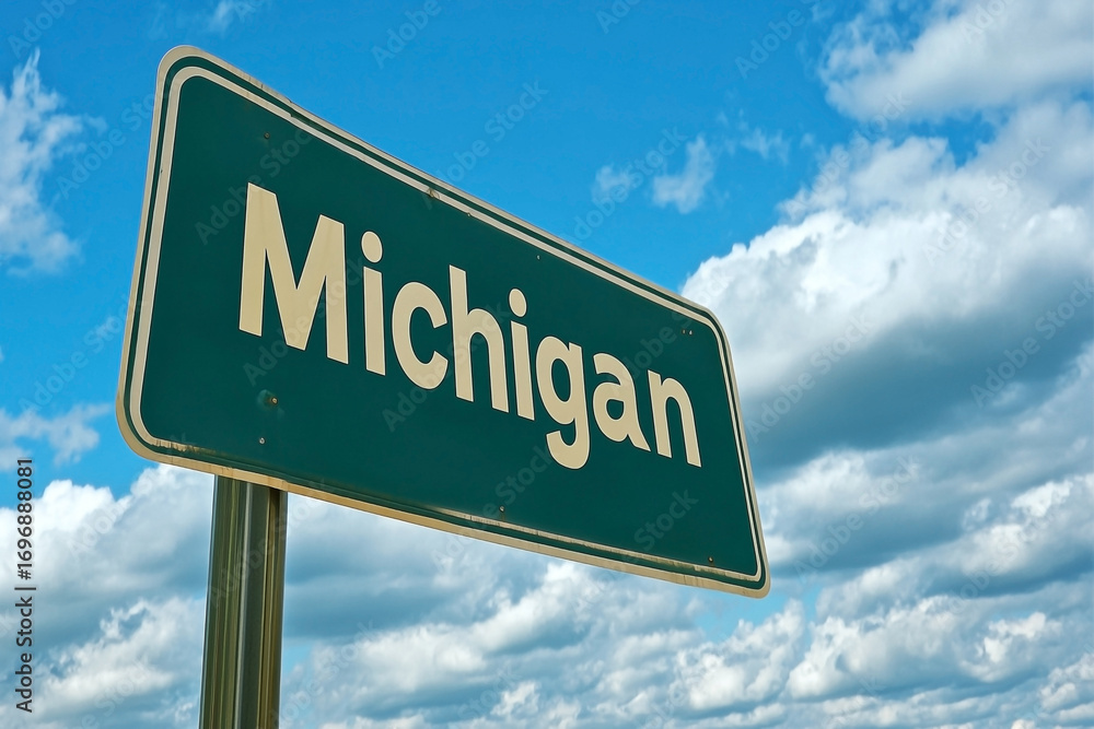 Obraz premium Scenic vista with Michigan entrance sign set against a vibrant blue sky and puffy clouds