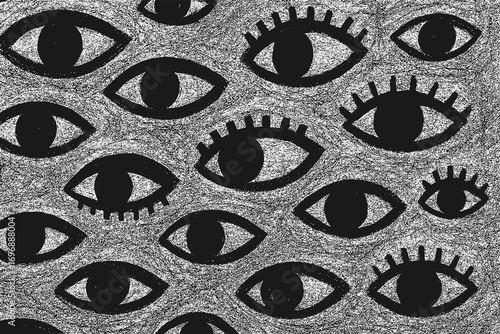 Intense watchful eyes create a powerful, intriguing pattern perfect for concepts of surveillance or awareness