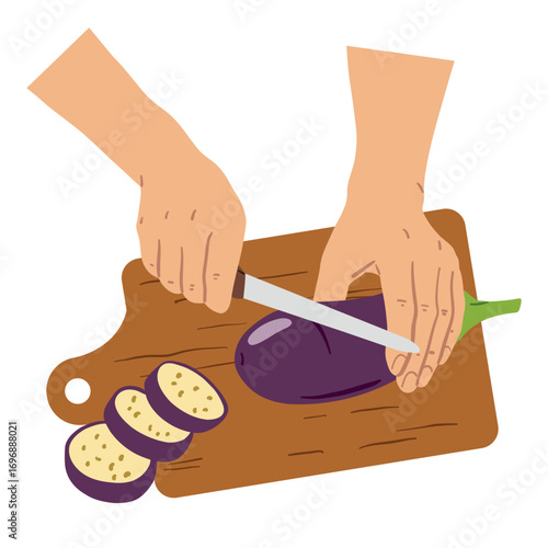 Cutting board, hands slicing eggplant with kitchen knife, top view. Cooking, preparing healthy natural food, vegetable. Flat vector illustration