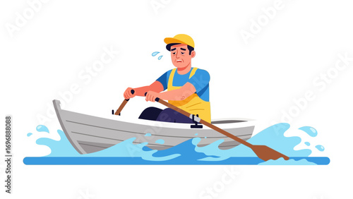 Man Rowing Boat: A determined individual steers a rowboat across glistening waters, his effort and focus evident. Capturing the tranquility and physical endeavor of rowing.