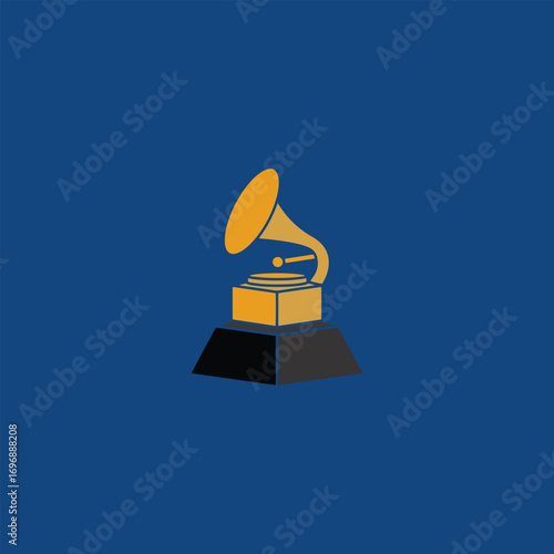 Golden Gramophone Trophy Icon on Blue Background, Music Award Vector Illustration Representing Achievement, Recognition, Entertainment, Concerts, Competitions and Celebrations