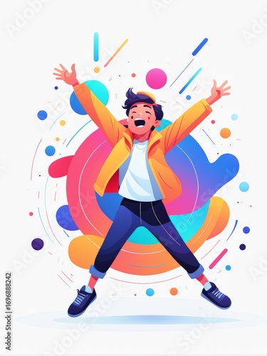 A joyful individual celebrating in colorful attire against an abstract background of vibrant colors
