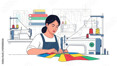 Artisan at Work: A skilled artisan, diligently focused, operates a sewing machine amidst the organized chaos of a vibrant workshop, bringing fabrics to life with precision and creativity. 