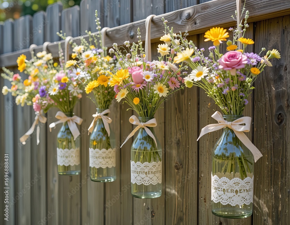 Fototapeta premium A rustic wooden fence adorned with hanging glass jars filled with colorful wildflowers and greenery.