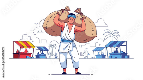 Hardworking Porter at Marketplace: This illustration depicts a strong porter carrying heavy sacks on his shoulders while navigating a vibrant marketplace, embodying hard work, resilience.