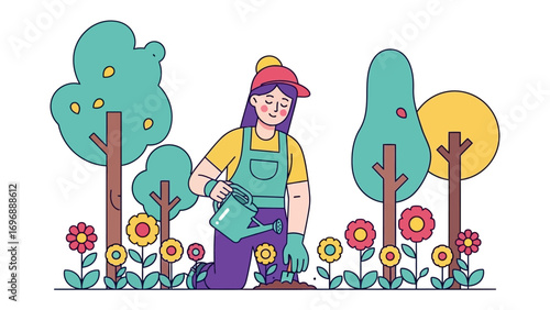 Nurturing Garden: An illustrated gardener meticulously tending a vibrant, colorful garden, a scene celebrating the nurturing act of growth, fresh air, and the beauty of horticulture.