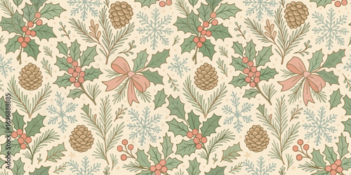 Vector seamless Christmas pattern. Holly berries, snowflakes, cones, needles and bows on light background