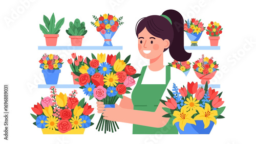 Blooming artistry in bloom: A cheerful florist in a flower shop craft a vibrant bouquet amidst a beautiful assortment of blossoming displays and potted plants, exuding skill and expertise.