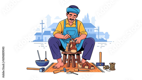 Artisan Crafting Leather Footwear: A skilled artisan, sits diligently at his workstation, focused on handcrafting a pair of leather shoes using traditional tools and techniques.