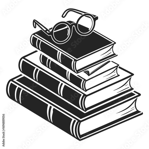 Silhouette stack of books with round eyeglasses on top black and white pile reading