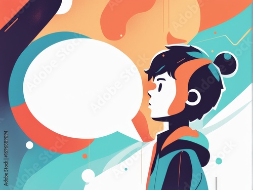 A stylized character in a conversation bubble against an abstract background