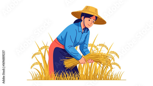 Harvesting Harmony: A diligent farm worker, bathed in sunlight, focuses on the rewarding task of gathering a bountiful crop, highlighting the heart and soul of rural existence.