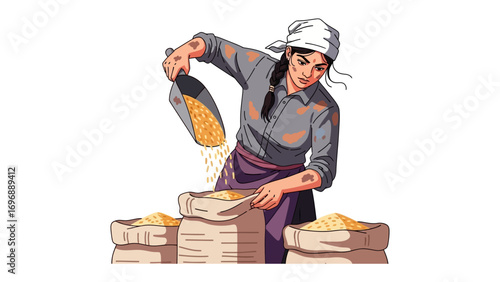Rural Harvest: A farmworker diligently pours grains from a scoop into a sack, symbolizing the agricultural yield, economic growth and food production.