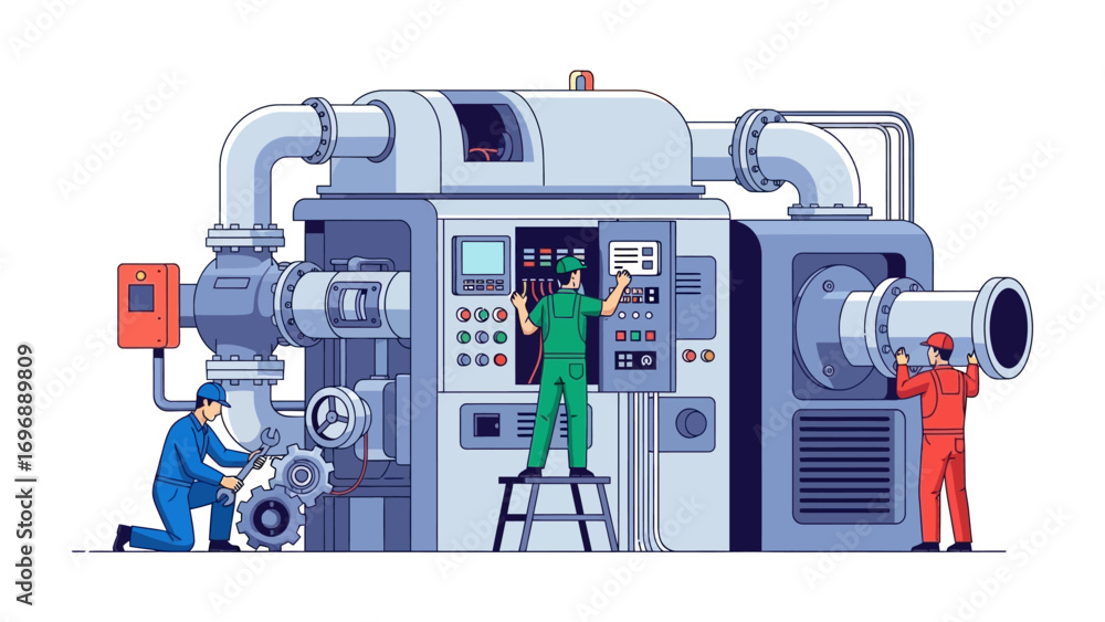 Fototapeta premium Engineering Precision: Skilled technicians diligently inspect and maintain a massive industrial machine, the scene showcases meticulous care and the intricate details of industrial engineering.