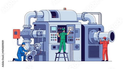 Engineering Precision: Skilled technicians diligently inspect and maintain a massive industrial machine, the scene showcases meticulous care and the intricate details of industrial engineering. 