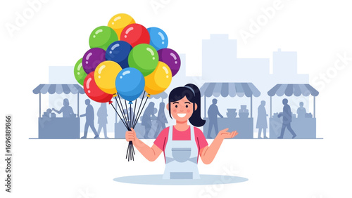 Balloon Vendor's Delight: A cheerful balloon vendor stands in a bustling marketplace, surrounded by vibrant balloons, ready to spread joy and color in this lively scene.