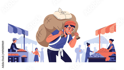 Burden of the Market: A hardworking individual struggles under the weight of a heavy sack at a bustling market, capturing the essence of labor and commerce.